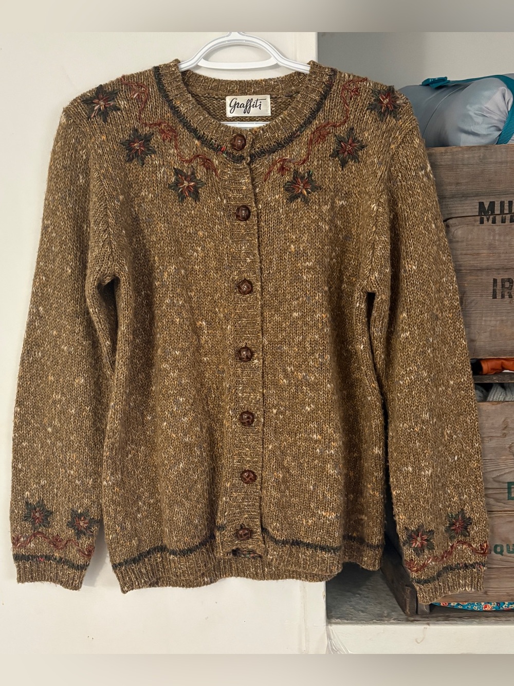 Vintage Brown Textured Wool Blend Floral Embroidered Knit Cardigan Size Medium